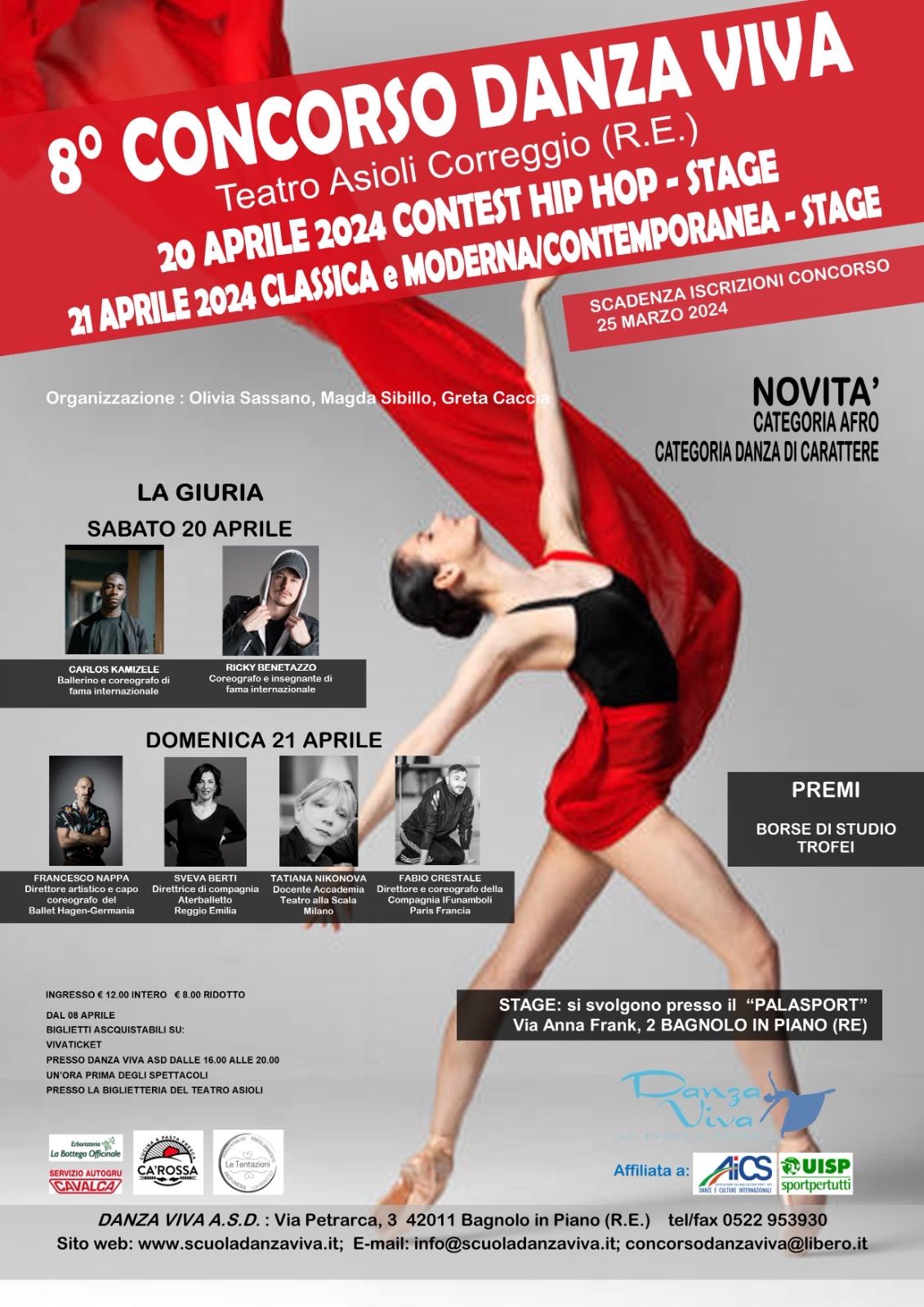Organizziamo l'8° Concorso Danza Viva il 20 e il 21 Aprile 2024 presso il Teatro Asioli di Correggio (RE).  Il 20 Aprile 2024 presso il Palasport di Bagnolo in Piano (RE) si svolgeranno gli stage di hip hop con Ricky Benetazzo (coreografo e insegnate 